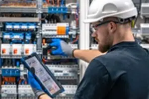 alt="Irvine, CA electrician checking electrical panel for safety compliance"